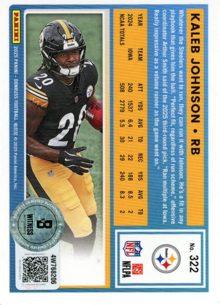 Kaleb Johnson Autographed Steelers 25 Donruss Pink Optic #322 Card Beckett 57013 2 Kaleb Johnson Autographed Steelers 25 Donruss Pink Optic #322 Card Beckett 57013