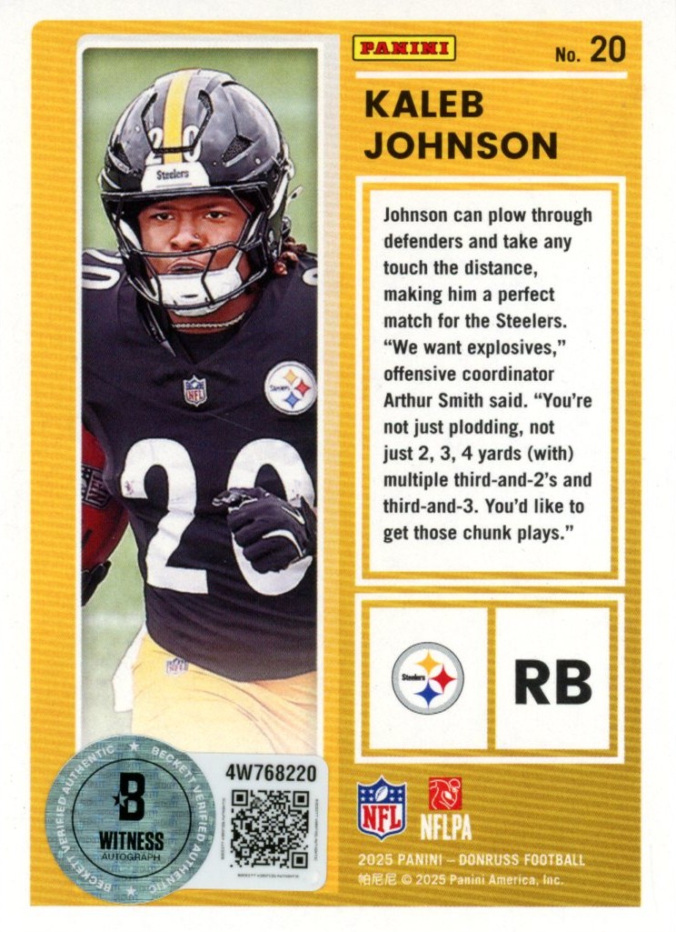Kaleb Johnson Autographed '25 Donruss The Rookies #20 Card Beckett Witness 57008 2 Kaleb Johnson Autographed '25 Donruss The Rookies #20 Card Beckett Witness 57008