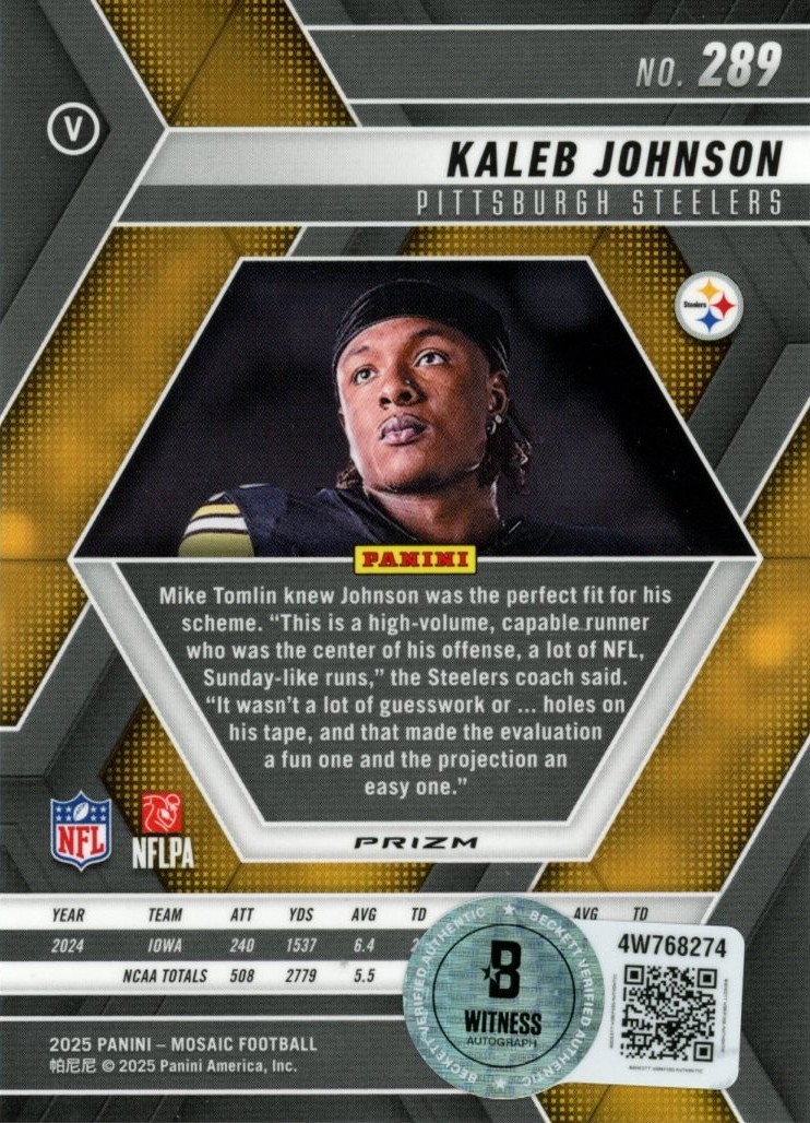 Kaleb Johnson Autographed 25 Panini Mosaic Reactive Blue #289 Card Beckett 57007 2 Kaleb Johnson Autographed 25 Panini Mosaic Reactive Blue #289 Card Beckett 57007