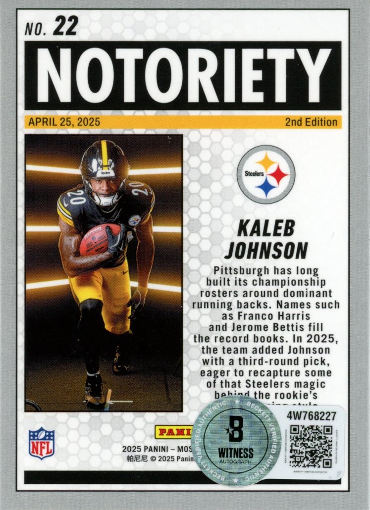 Kaleb Johnson Signed Steelers 2025 Mosaic Notoriety #22 Card Beckett 56985 2 Kaleb Johnson Signed Steelers 2025 Mosaic Notoriety #22 Card Beckett 56985