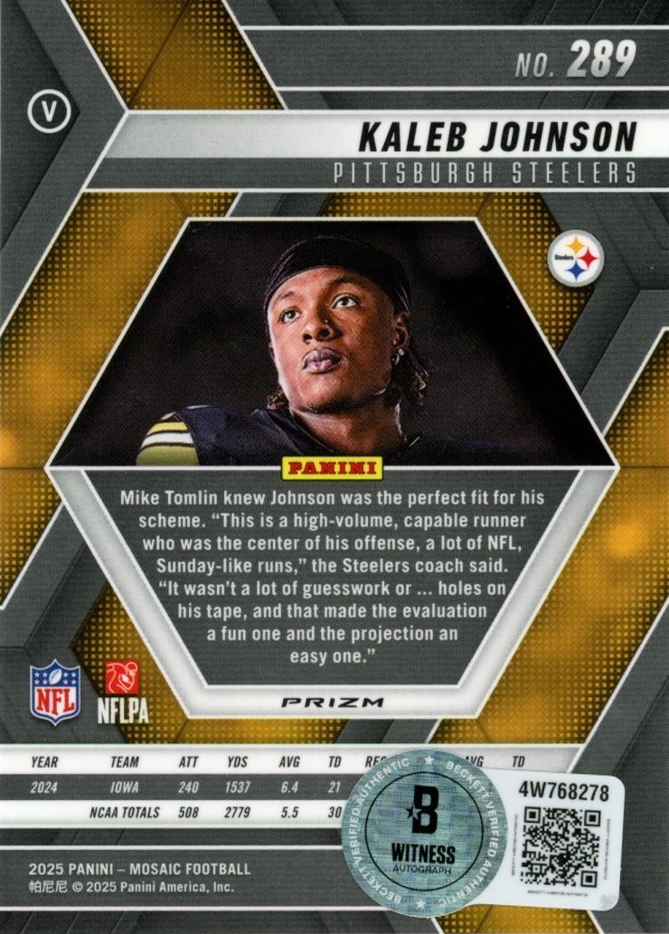 Kaleb Johnson Signed 2025 Panini Mosaic Silver Prizm #289 Card Beckett 57000 2 Kaleb Johnson Signed 2025 Panini Mosaic Silver Prizm #289 Card Beckett 57000