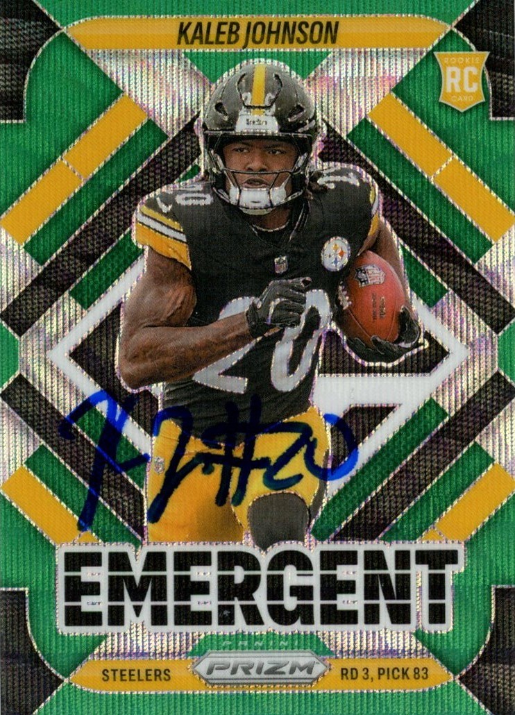 Kaleb Johnson Signed Pittsburgh Steelers 25 Prizm Emergent #5 Card Beckett 56995 1 Kaleb Johnson Signed Pittsburgh Steelers 25 Prizm Emergent #5 Card Beckett 56995