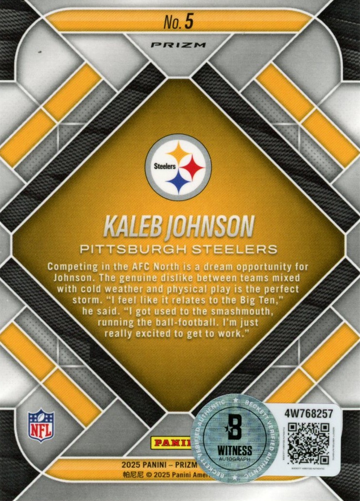 Kaleb Johnson Signed Pittsburgh Steelers 25 Prizm Emergent #5 Card Beckett 56995 2 Kaleb Johnson Signed Pittsburgh Steelers 25 Prizm Emergent #5 Card Beckett 56995