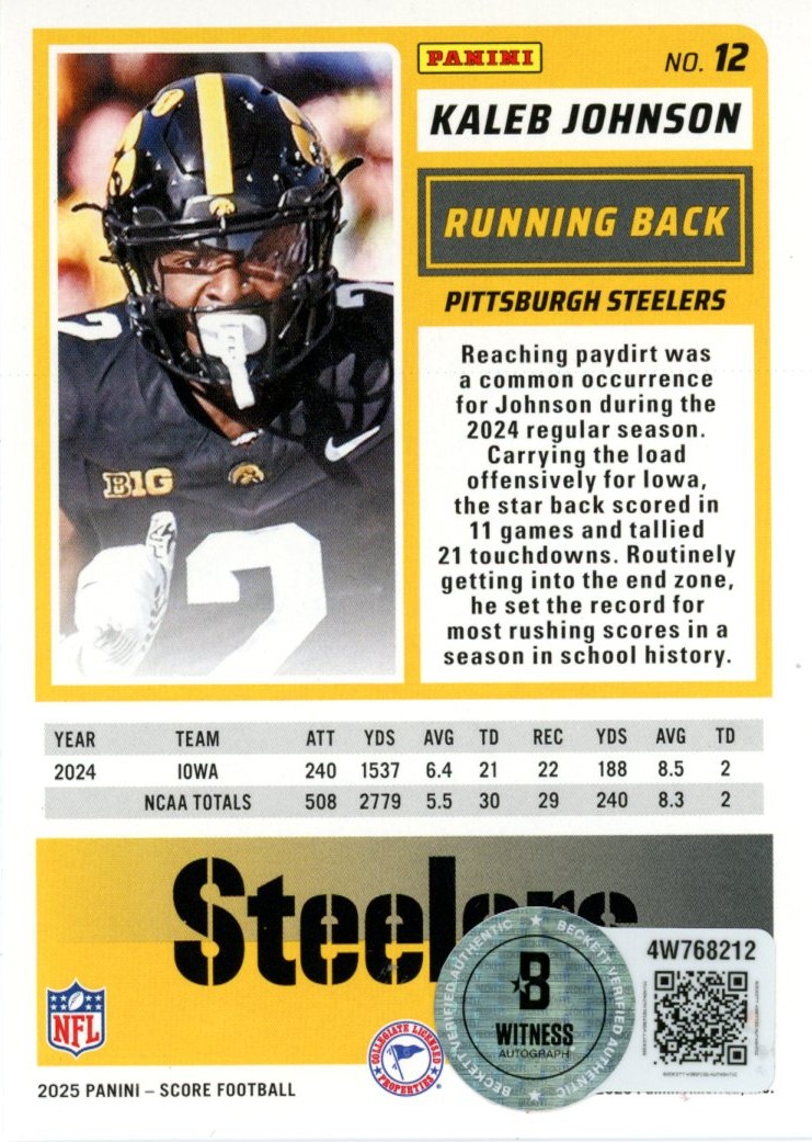 Kaleb Johnson Autographed Pittsburgh Steelers 2025 Score #12 Card Beckett 56982 2 Kaleb Johnson Autographed Pittsburgh Steelers 2025 Score #12 Card Beckett 56982