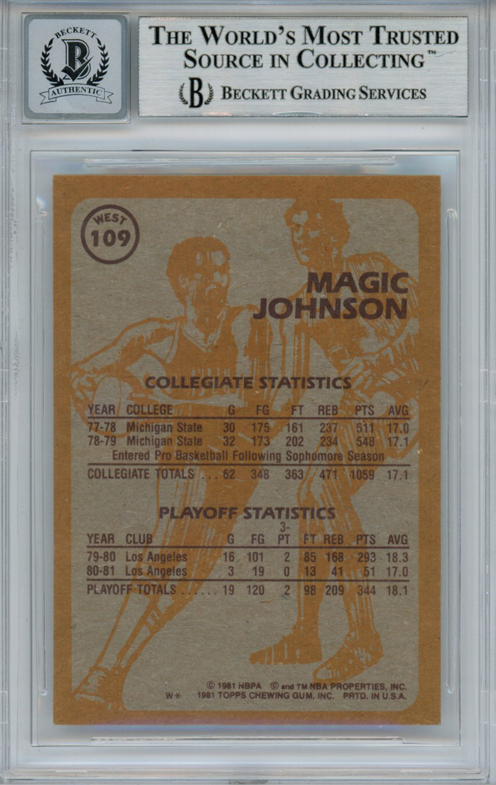 Magic Johnson Signed 1981-82 Topps #W109 Trading Card Beckett 10 Slab