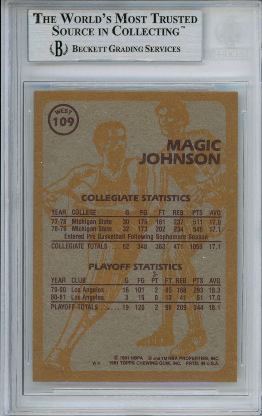 Magic Johnson Signed 1981-82 Topps #W109 Trading Card Beckett Slab