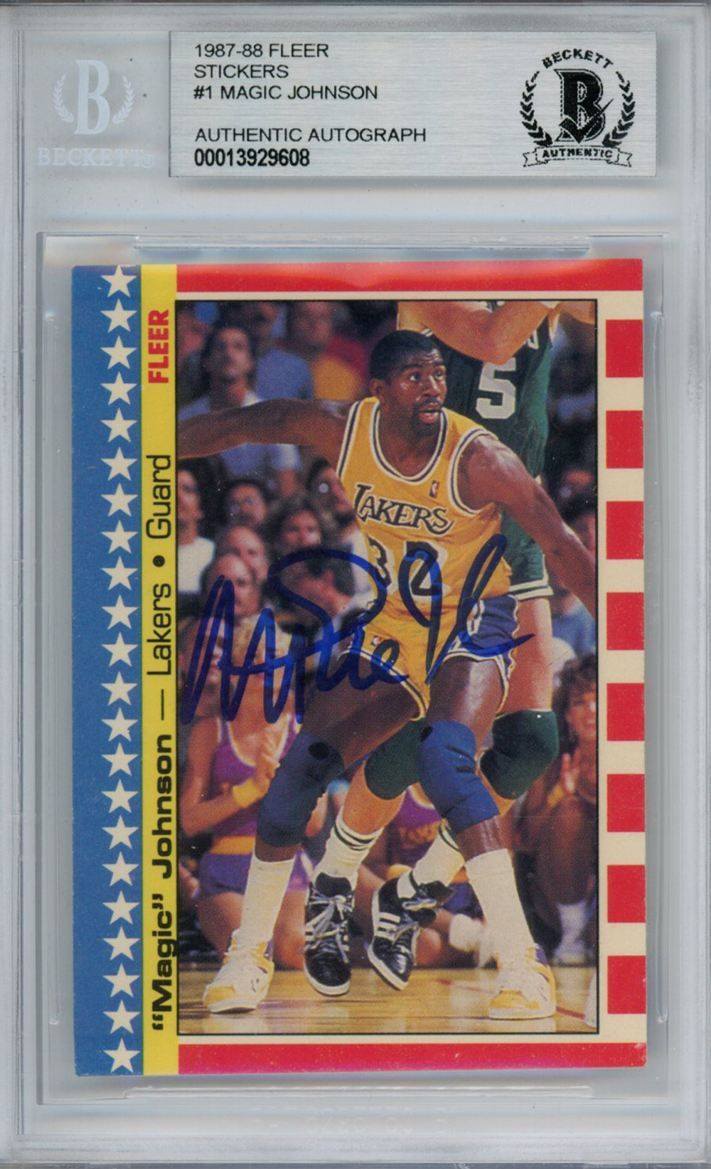 Magic Johnson Signed 1987-88 Fleer Sticker #1 Trading Card Beckett Slab