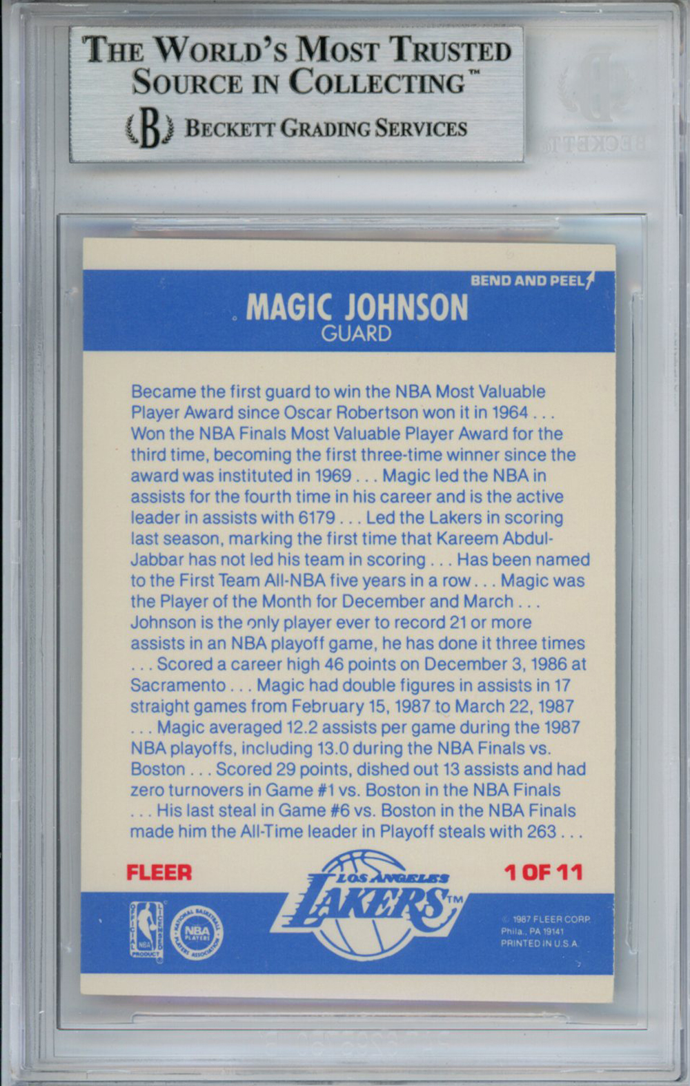 Magic Johnson Signed 1987-88 Fleer Sticker #1 Trading Card Beckett Slab