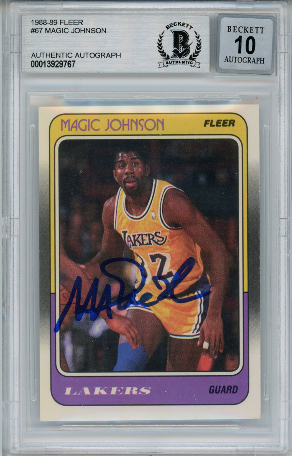 Magic Johnson Signed 1988-89 Fleer #67 Trading Card Beckett 10 Slab