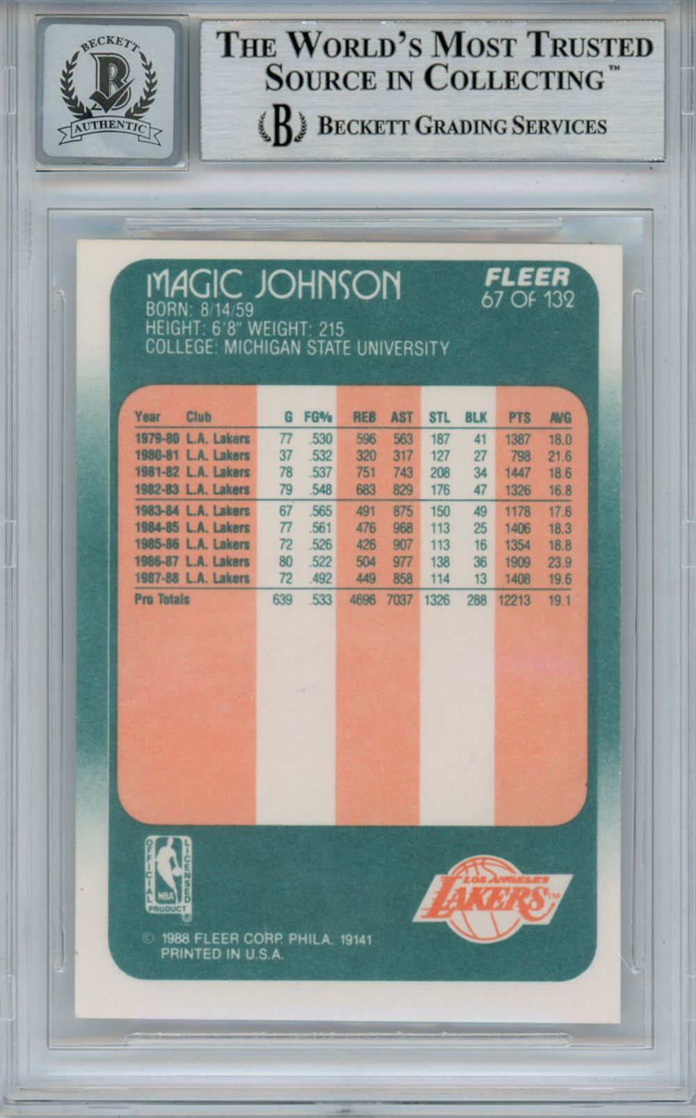 Magic Johnson Signed 1988-89 Fleer #67 Trading Card Beckett 10 Slab