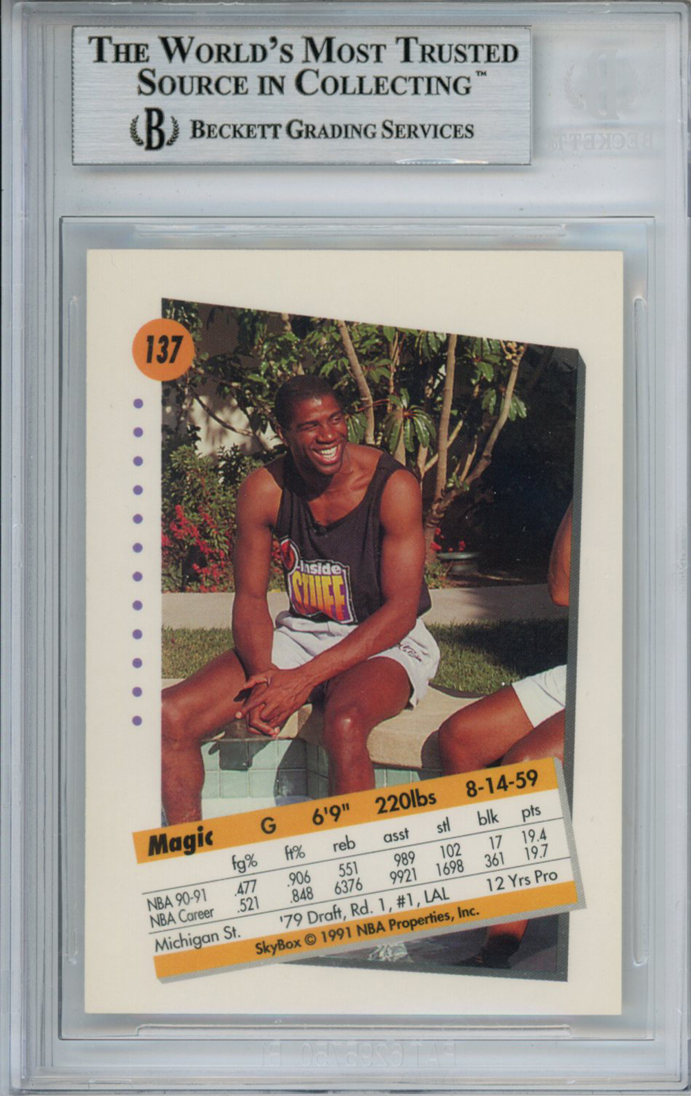 Magic Johnson Signed 1991-92 Skybox #137 Trading Card Beckett Slab