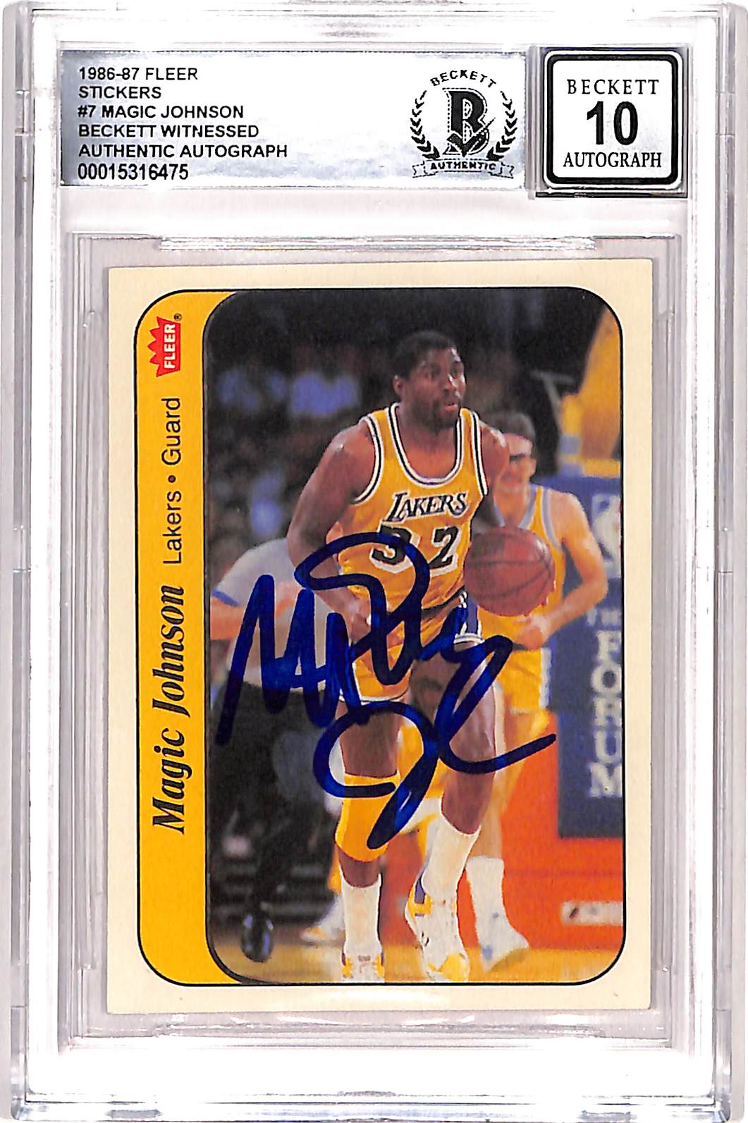 Magic Johnson Signed 1986 Fleer Sticker 7/11 10 Auto Card Beckett