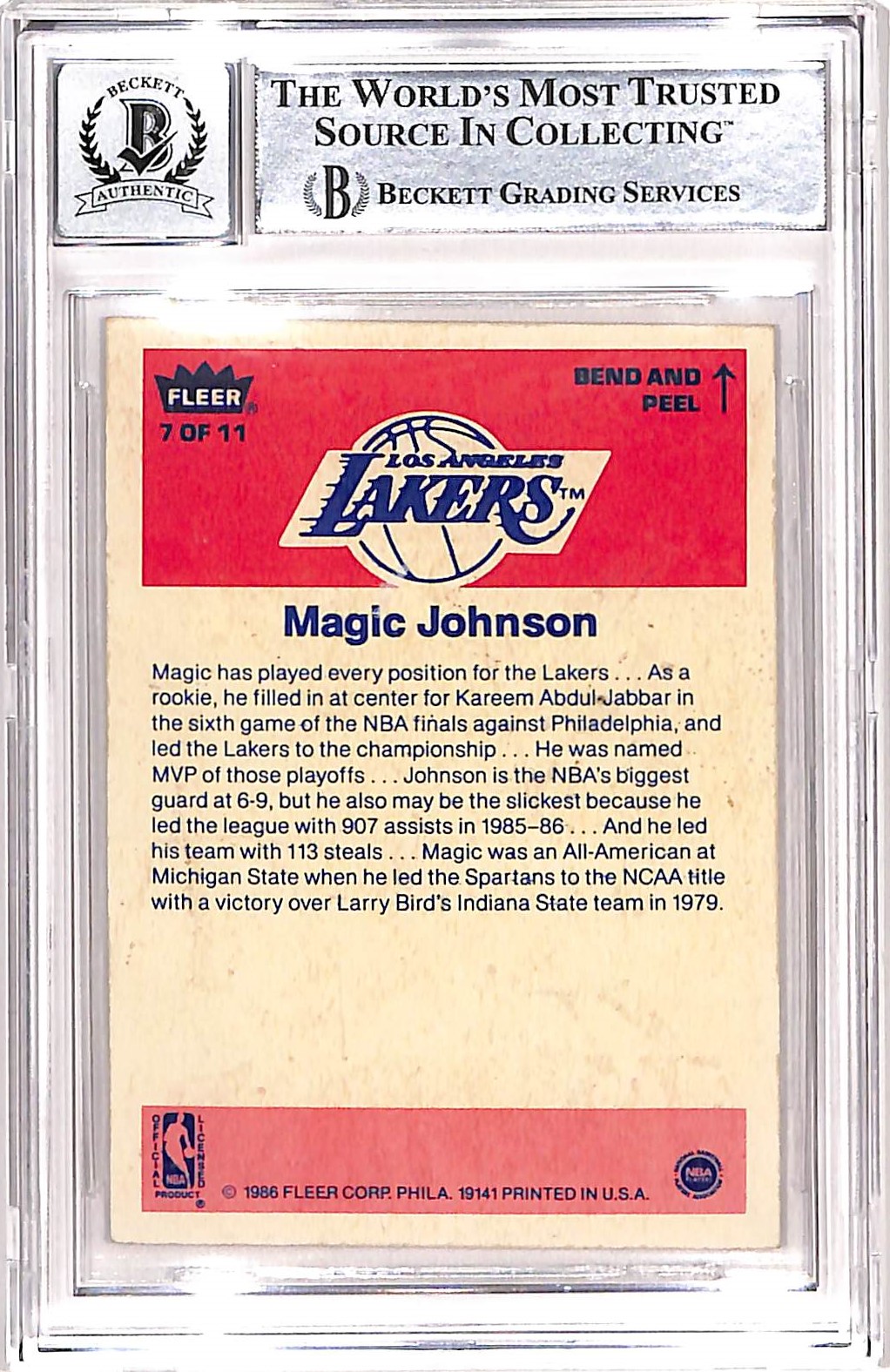 Magic Johnson Signed 1986 Fleer Sticker 7/11 10 Auto Card Beckett