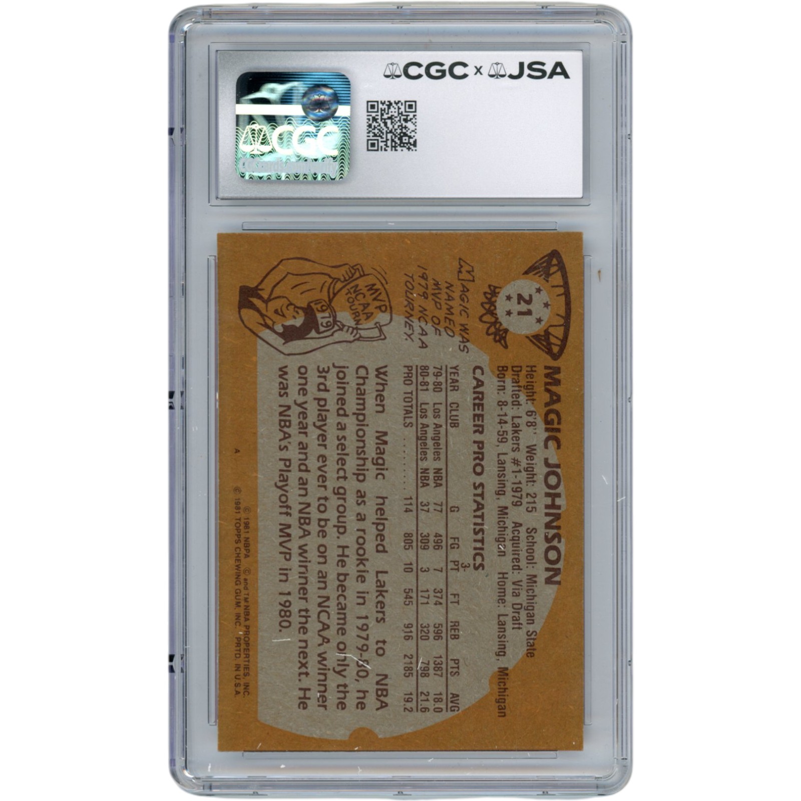 Magic Johnson Autographed Los Angeles Lakers 81 Topps Trading Card JSA 53086