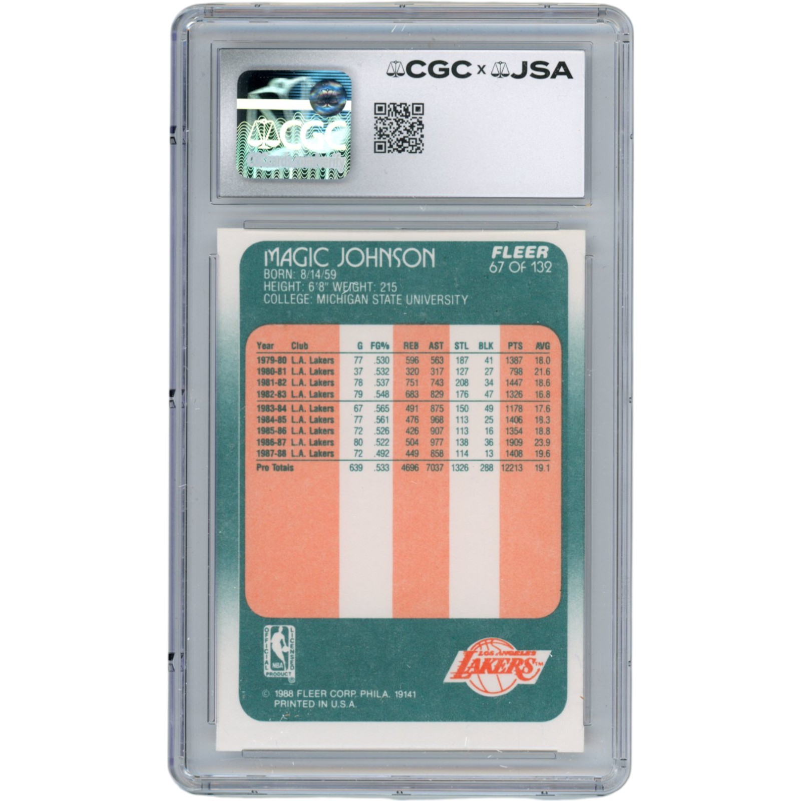 Magic Johnson Autographed Los Angeles Lakers 88 Fleer Trading Card JSA 53085