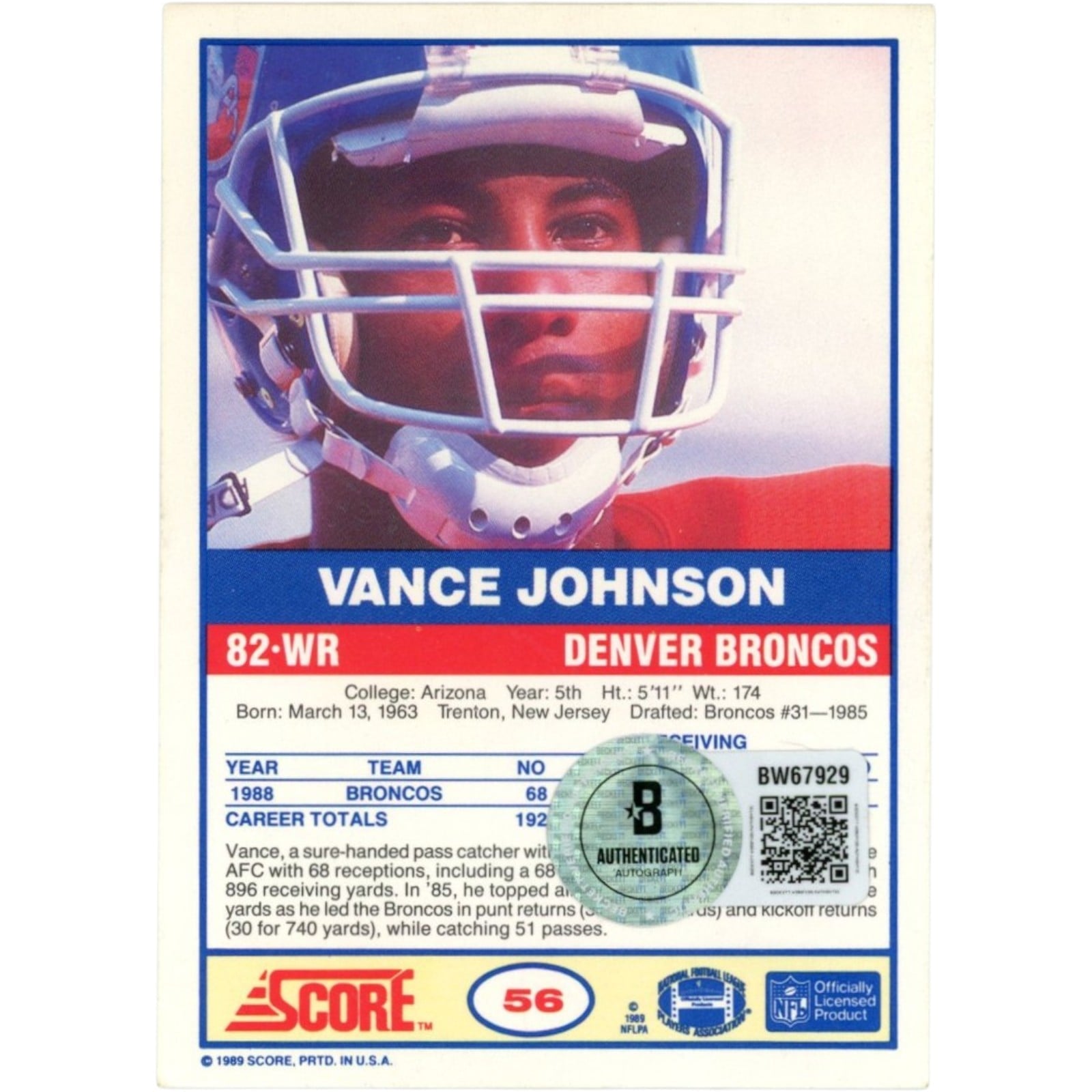 Vance Johnson Autographed/Signed Denver Broncos Trading Card Beckett 58353 2 Vance Johnson Autographed/Signed Denver Broncos Trading Card Beckett 58353
