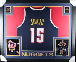 Nikola Jokic Autographed Pro Style Sz XL Blue Framed Jersey 35x43 JSA 57300