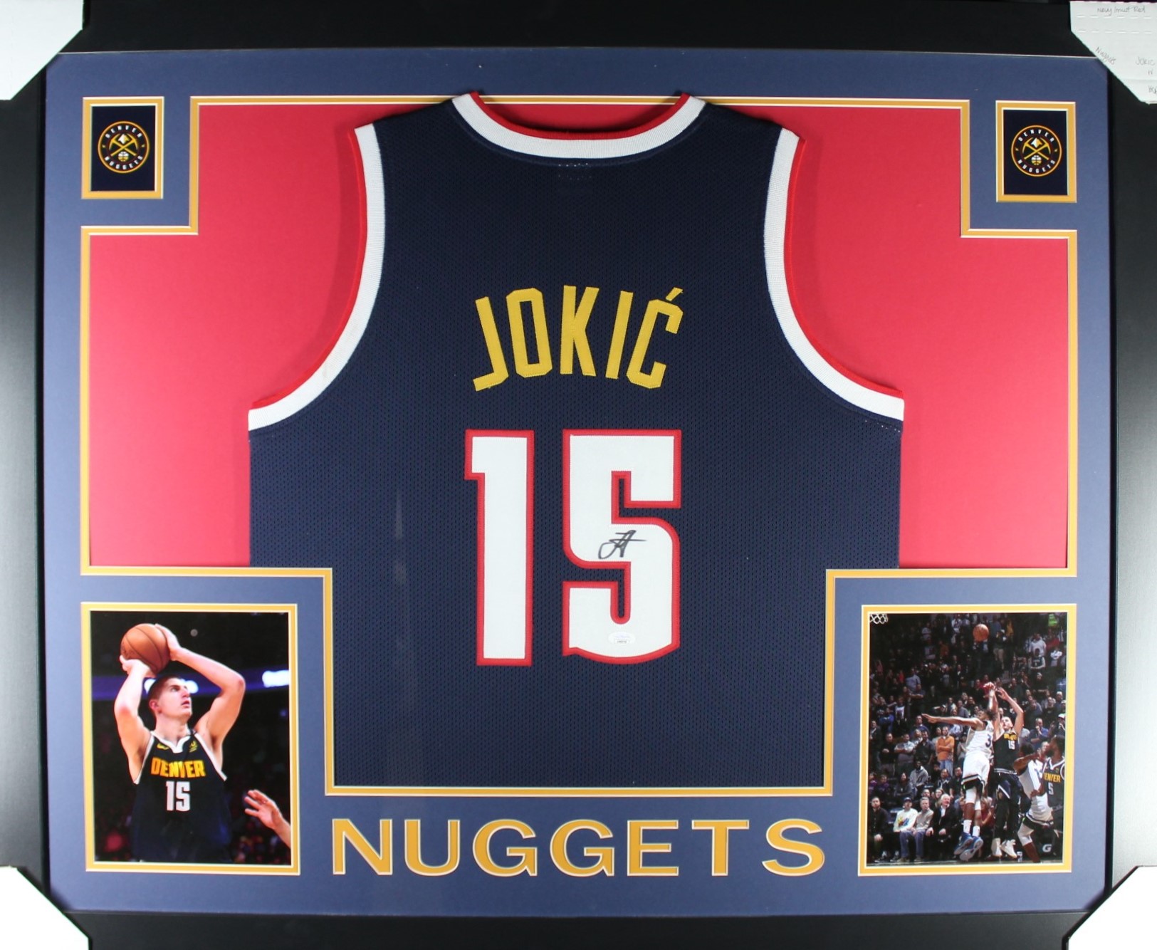 Nikola Jokic Autographed/Signed Pro Style Blue XL Framed Jersey Beckett 51221