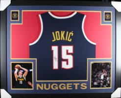 Nikola Jokic Autographed Pro Style Navy XL Framed Jersey 35x43 JSA 53752