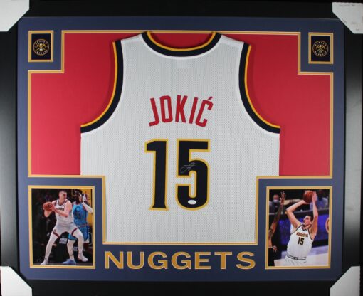Nikola Jokic Autographed/Signed Pro Style White XL Framed Jersey Beckett 51222