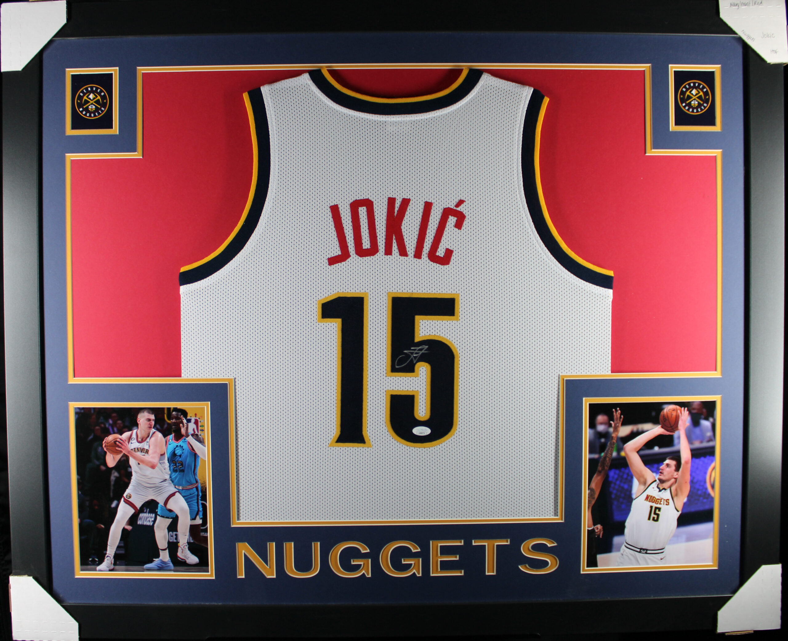 Nikola Jokic Autographed Pro Style Sz XL White Framed Jersey 35x43 JSA 57299
