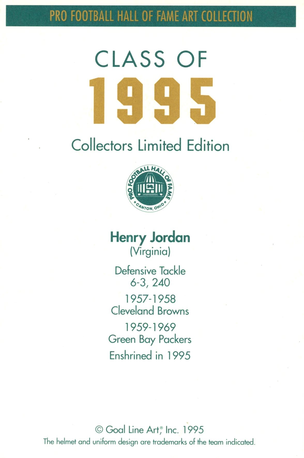 Henry Jordan Green Bay Packers Goal Line Art Card Class of 1995 58096 2 Henry Jordan Green Bay Packers Goal Line Art Card Class of 1995 58096