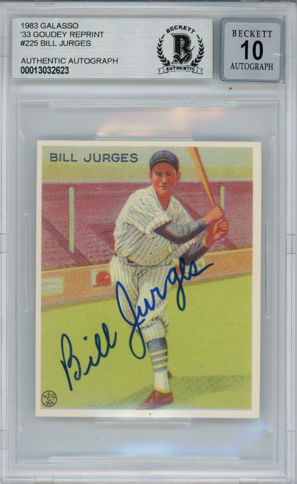 Bill Jurges Signed 1983 Galasso '33 Goudey Reprint #225 Card Beckett 10 Slab