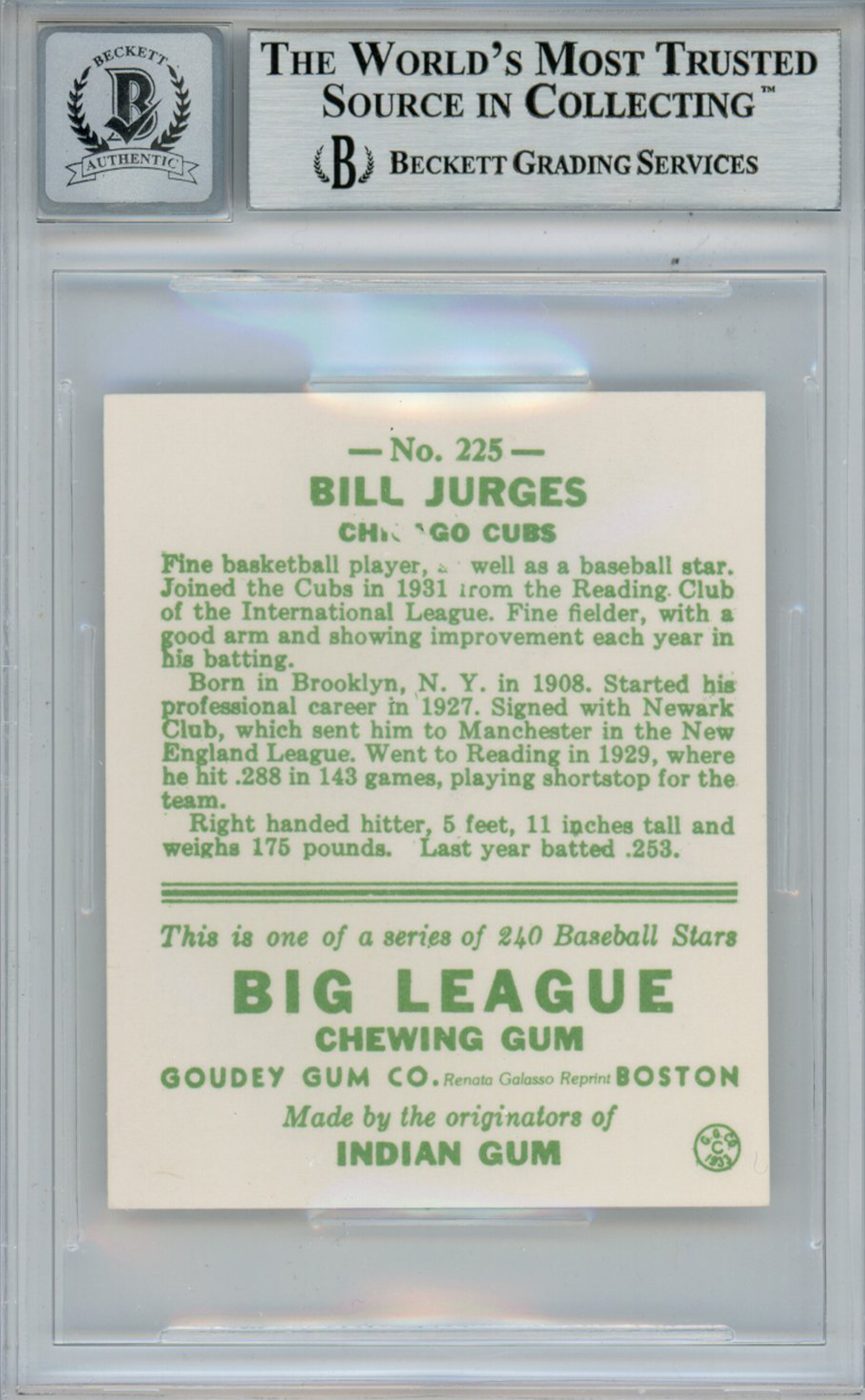 Bill Jurges Signed 1983 Galasso '33 Goudey Reprint #225 Card Beckett 10 Slab