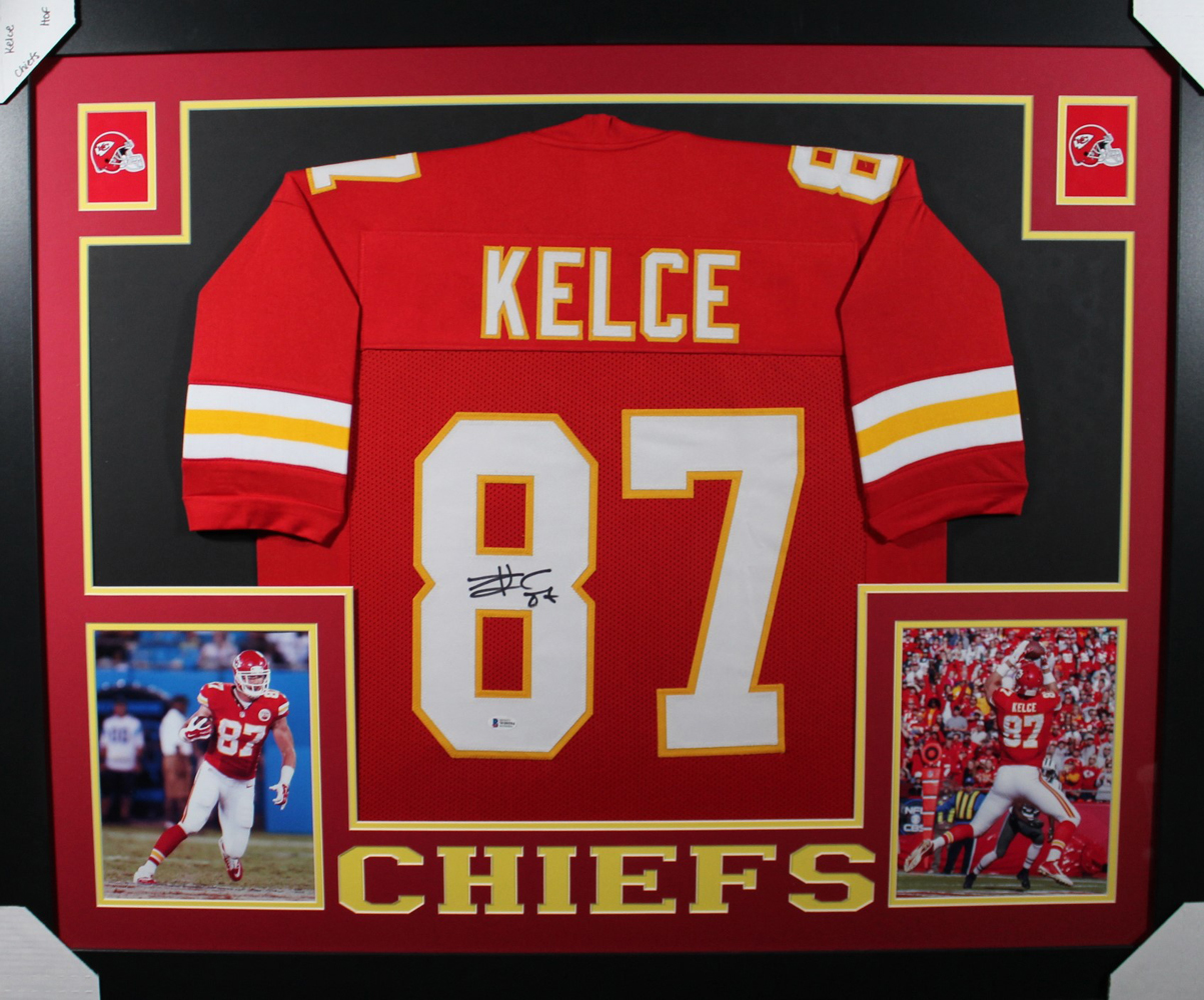 Travis Kelce Autographed Kansas City Chiefs Framed Red XL Jersey BAS