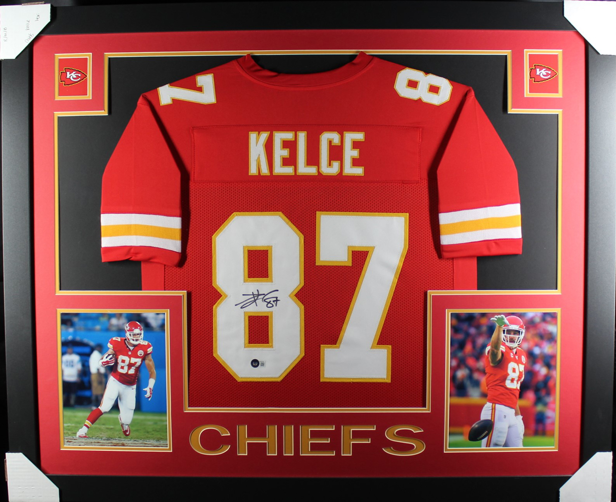 Travis Kelce Autographed/Signed Pro Style Framed Red XL Jersey Beckett