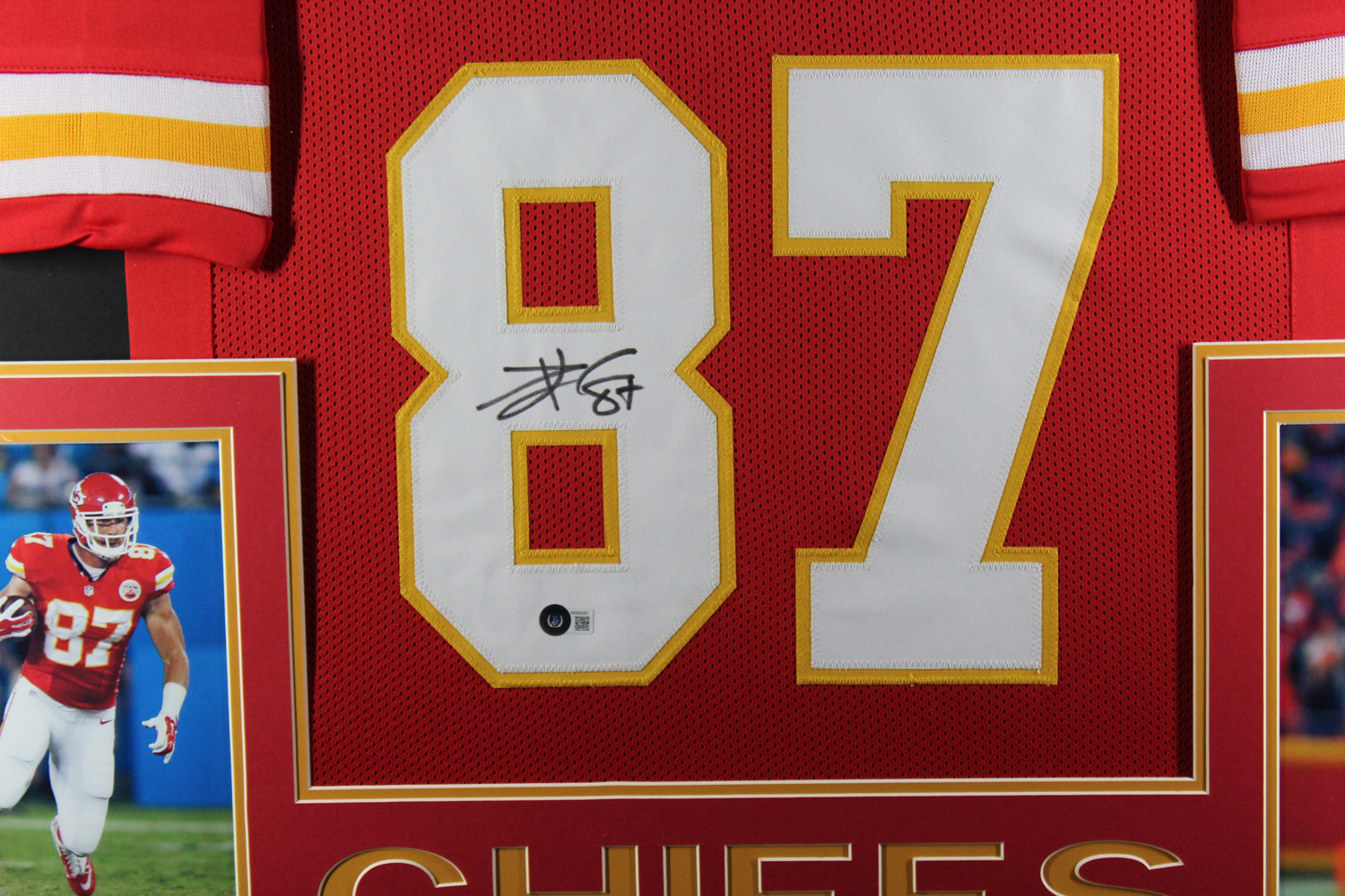 Travis Kelce Autographed/Signed Pro Style Framed Red XL Jersey Beckett