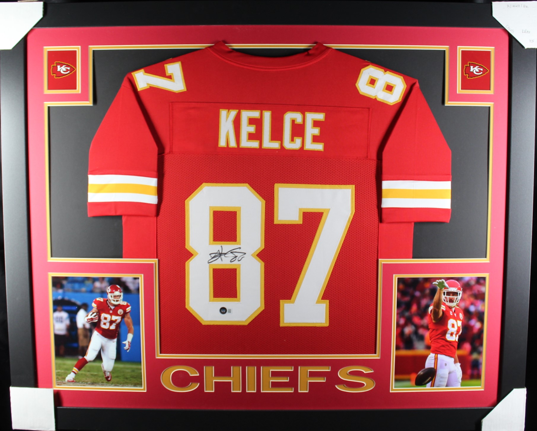 Travis Kelce Autographed Pro Style Framed Red XL Jersey Beckett