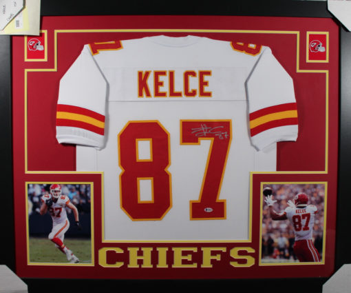 Travis Kelce Autographed Kansas City Chiefs Framed White XL Jersey BAS 10982
