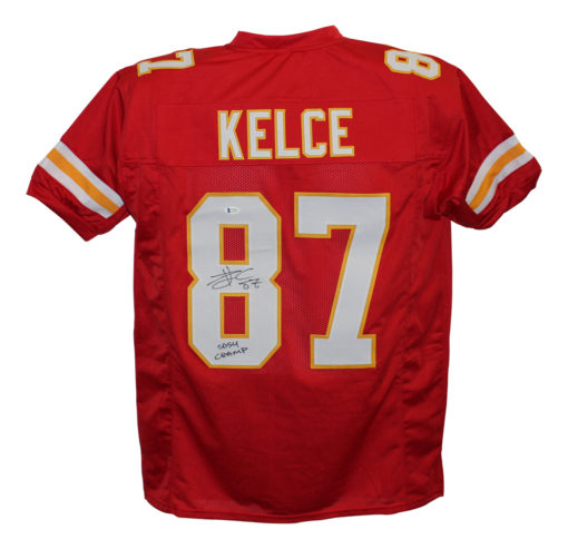 Travis Kelce Autographed/Signed Pro Style Red XL Jersey SB 54 Champ BAS 26569