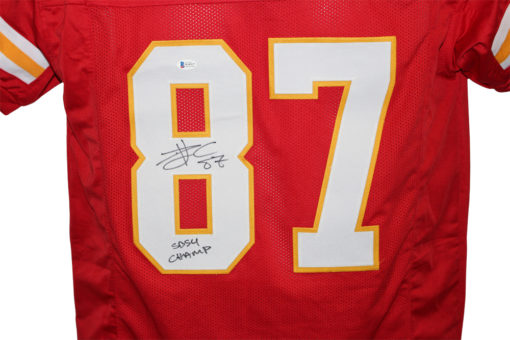 Travis Kelce Autographed/Signed Pro Style Red XL Jersey SB 54 Champ BAS 26569