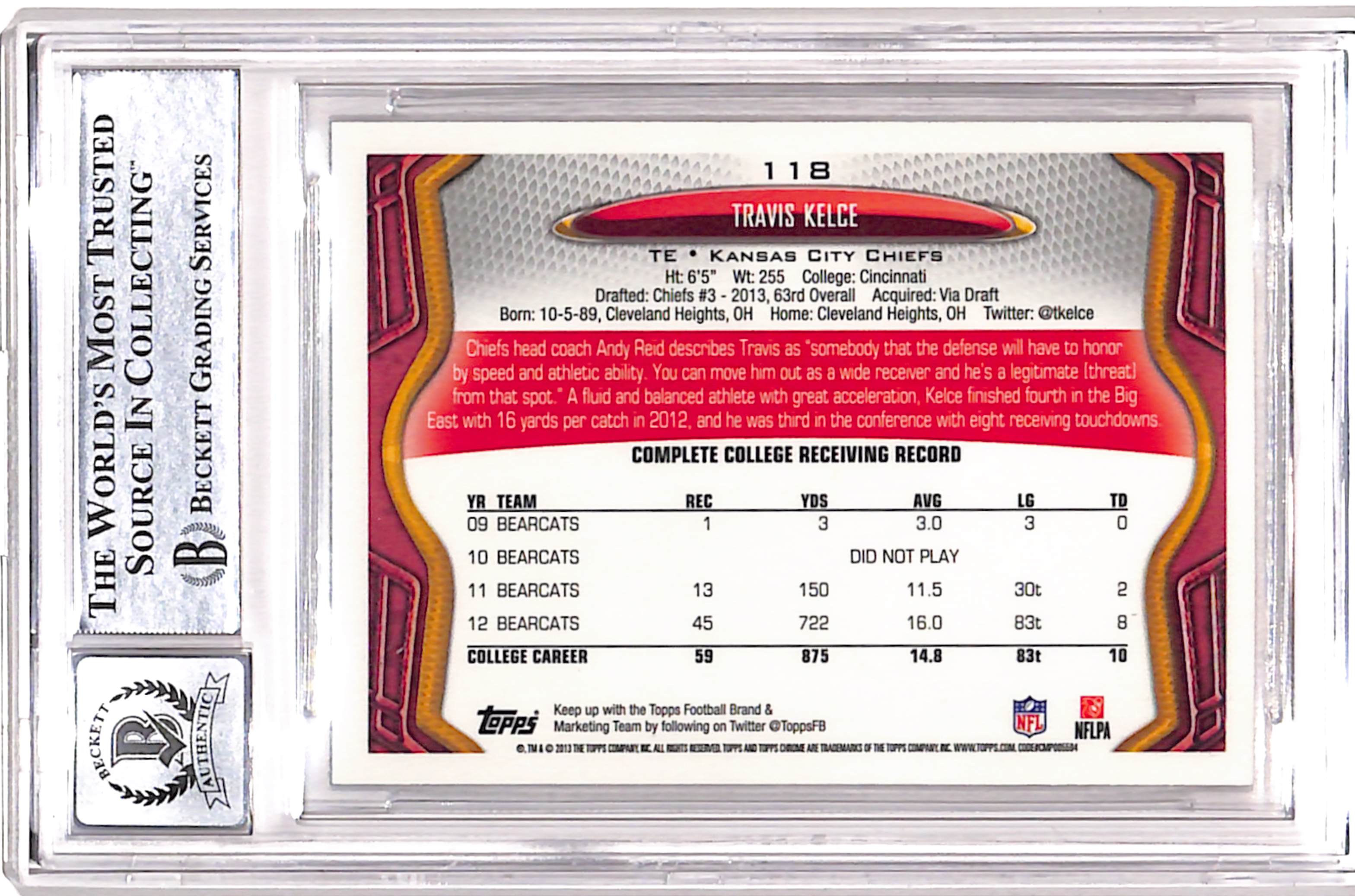 Travis Kelce Signed '13 Topps Chrome #118 Card 10 Auto Beckett