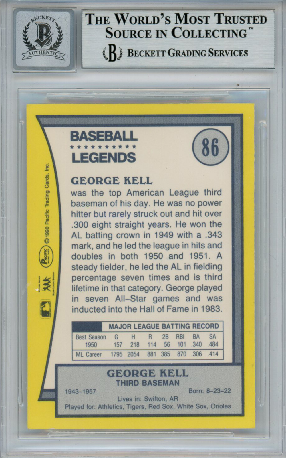 George Kell Signed 1990 Pacific Legends #86 Trading Card Beckett 10 Slab