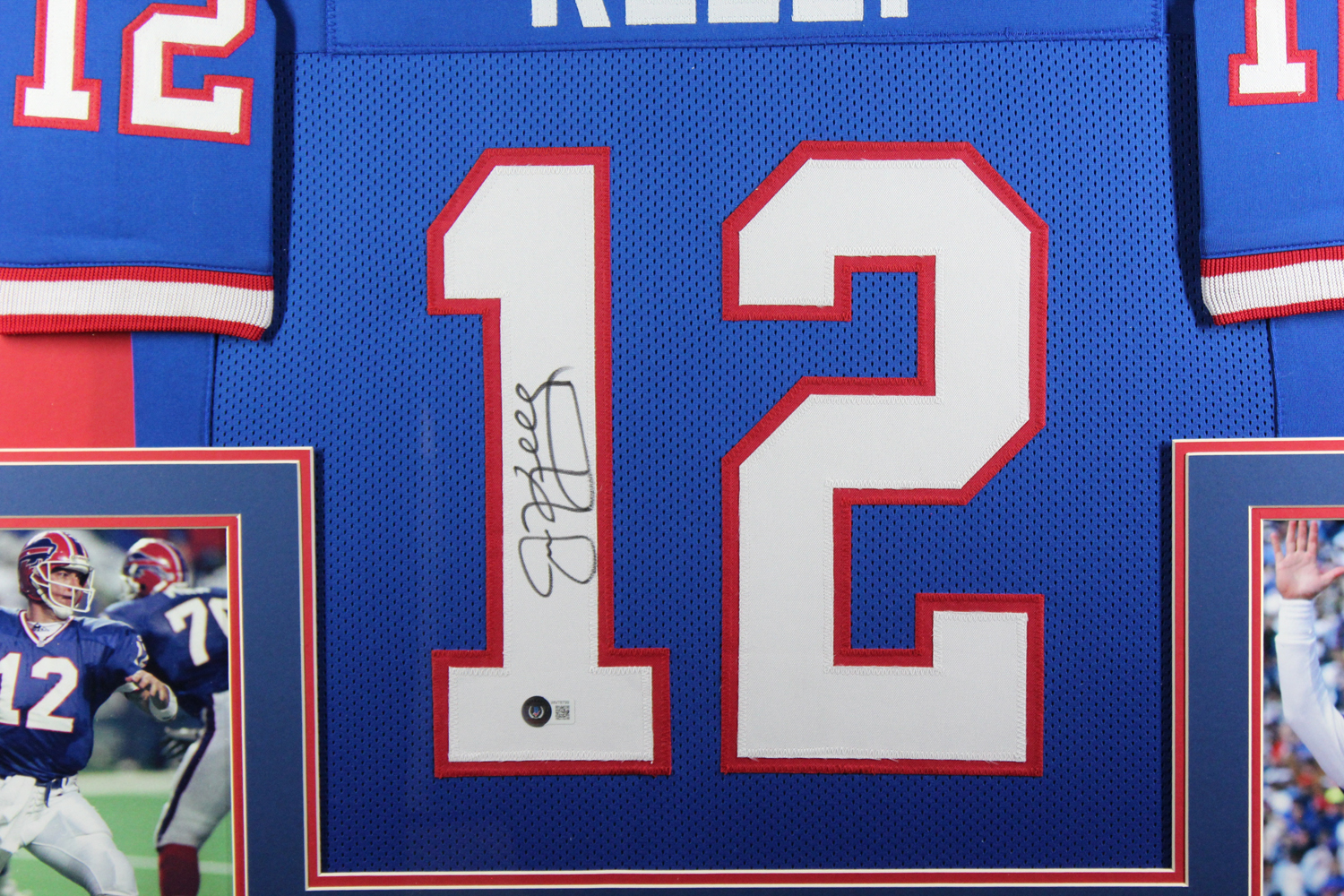 Jim Kelly Autographed/Signed Pro Style Framed Blue XL Jersey Beckett