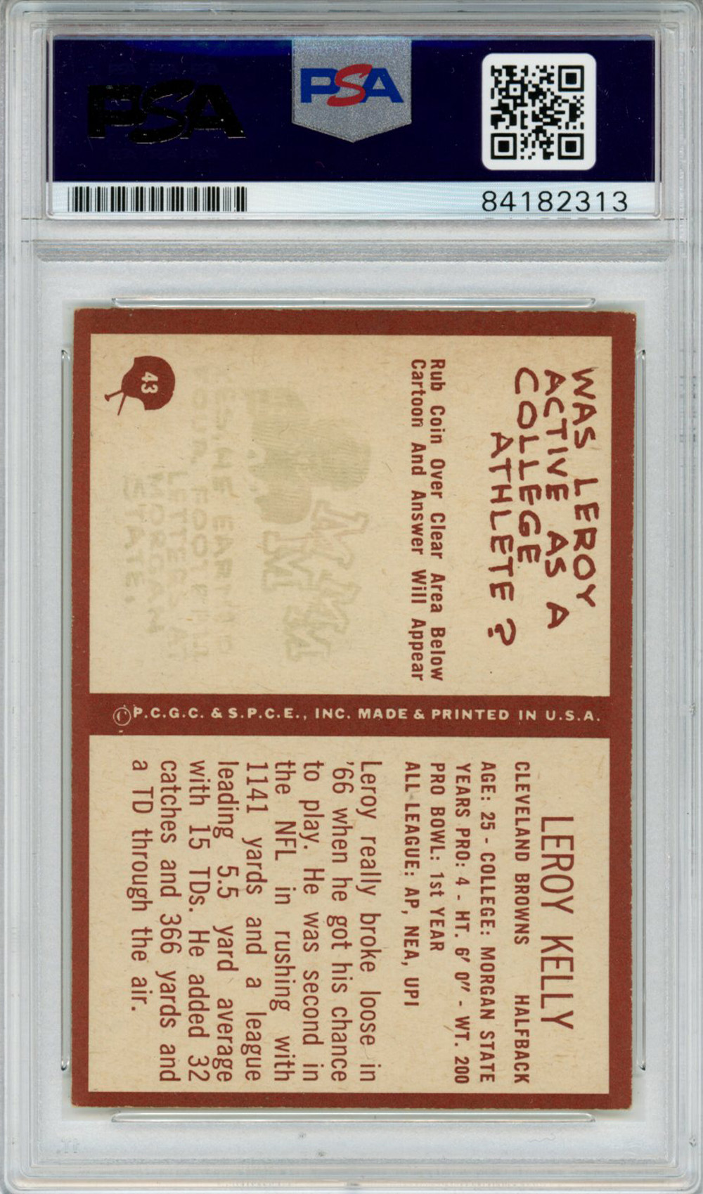 Leroy Kelly Signed 1967 Philadelphia #43 Trading Card PSA Slab