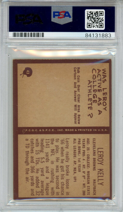 Leroy Kelly Signed 1967 Philadelphia #43 Trading Card PSA Slab