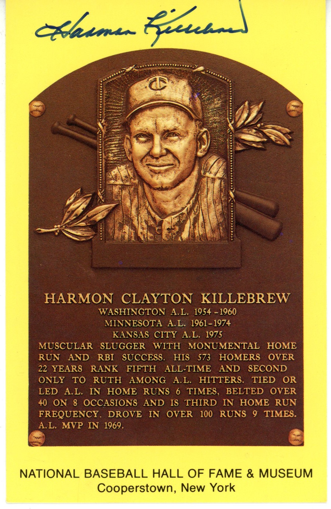 Harmon Killebrew Autographed/Signed Minnesota Twins HOF Postcard Beckett 56518