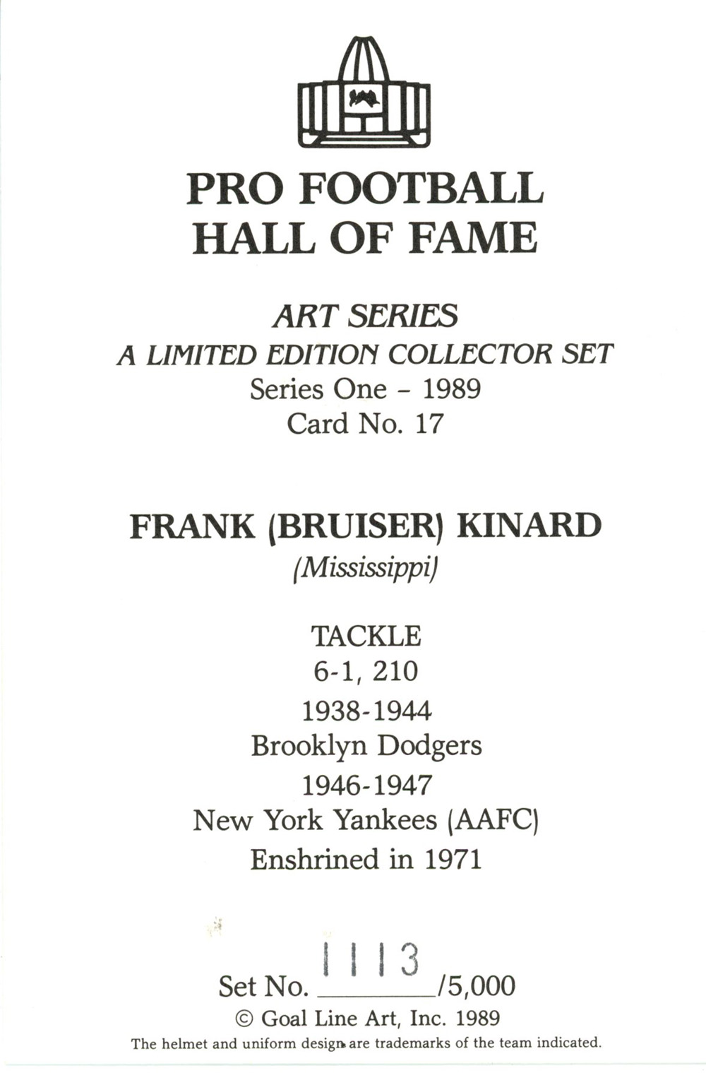 Bruiser Kinard 1989 Series One Goal Line Art Card Brooklyn Dodgers