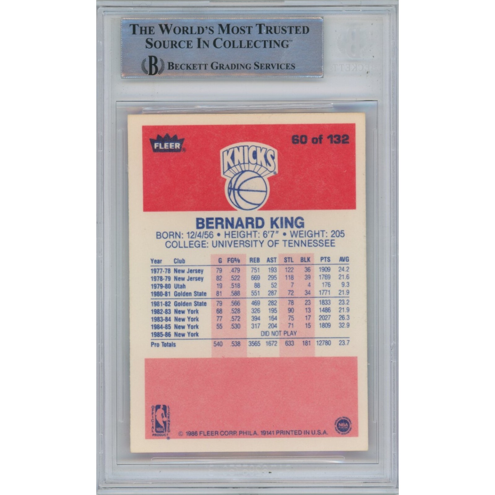 Bernard King Autographed/Signed 1986 Fleer 60 Card Beckett 47045