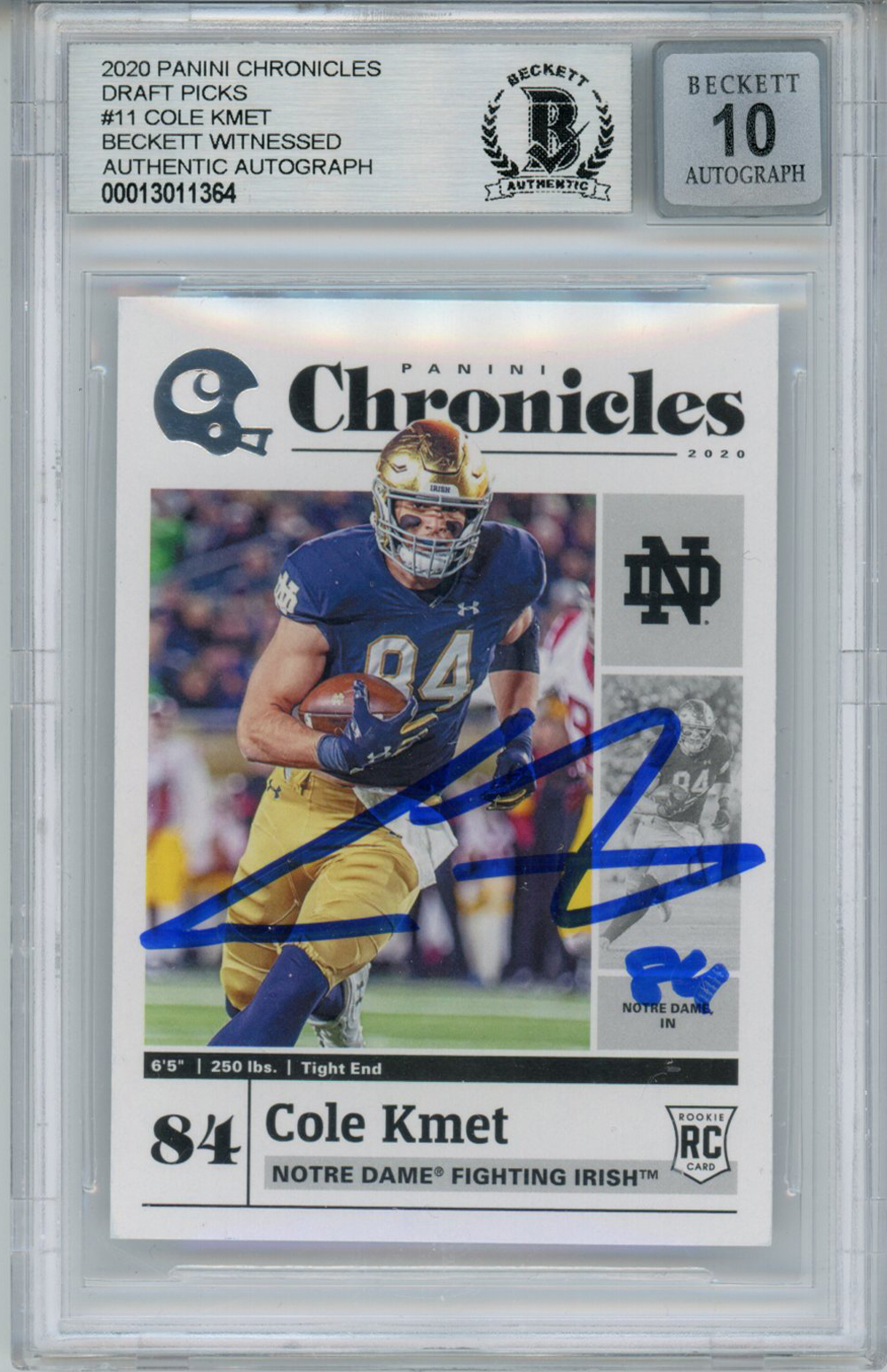 Cole Kmet Signed 2020 Panini Chronicles #11 Rookie Card BAS 10 Slab