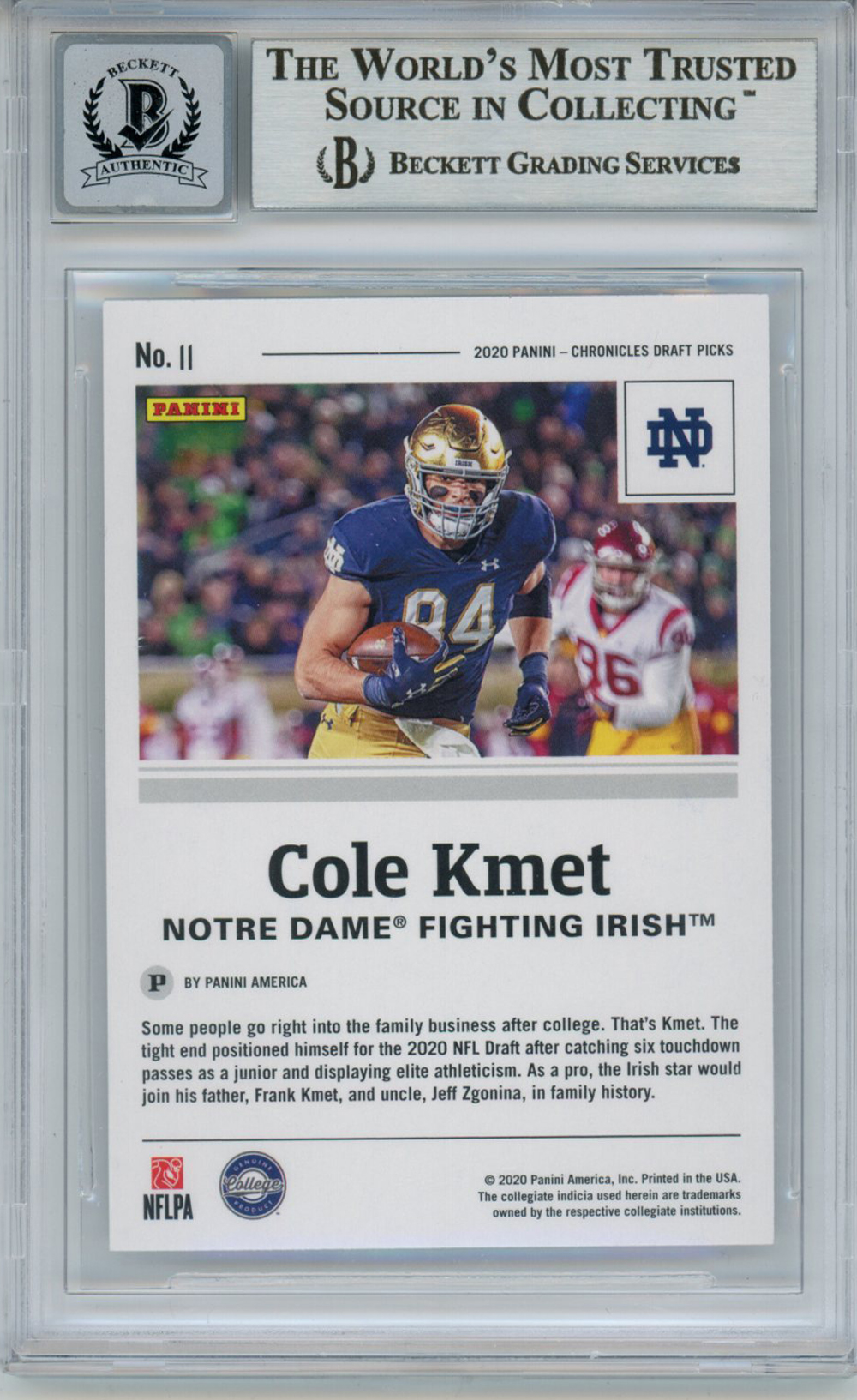 Cole Kmet Signed 2020 Panini Chronicles #11 Rookie Card BAS 10 Slab