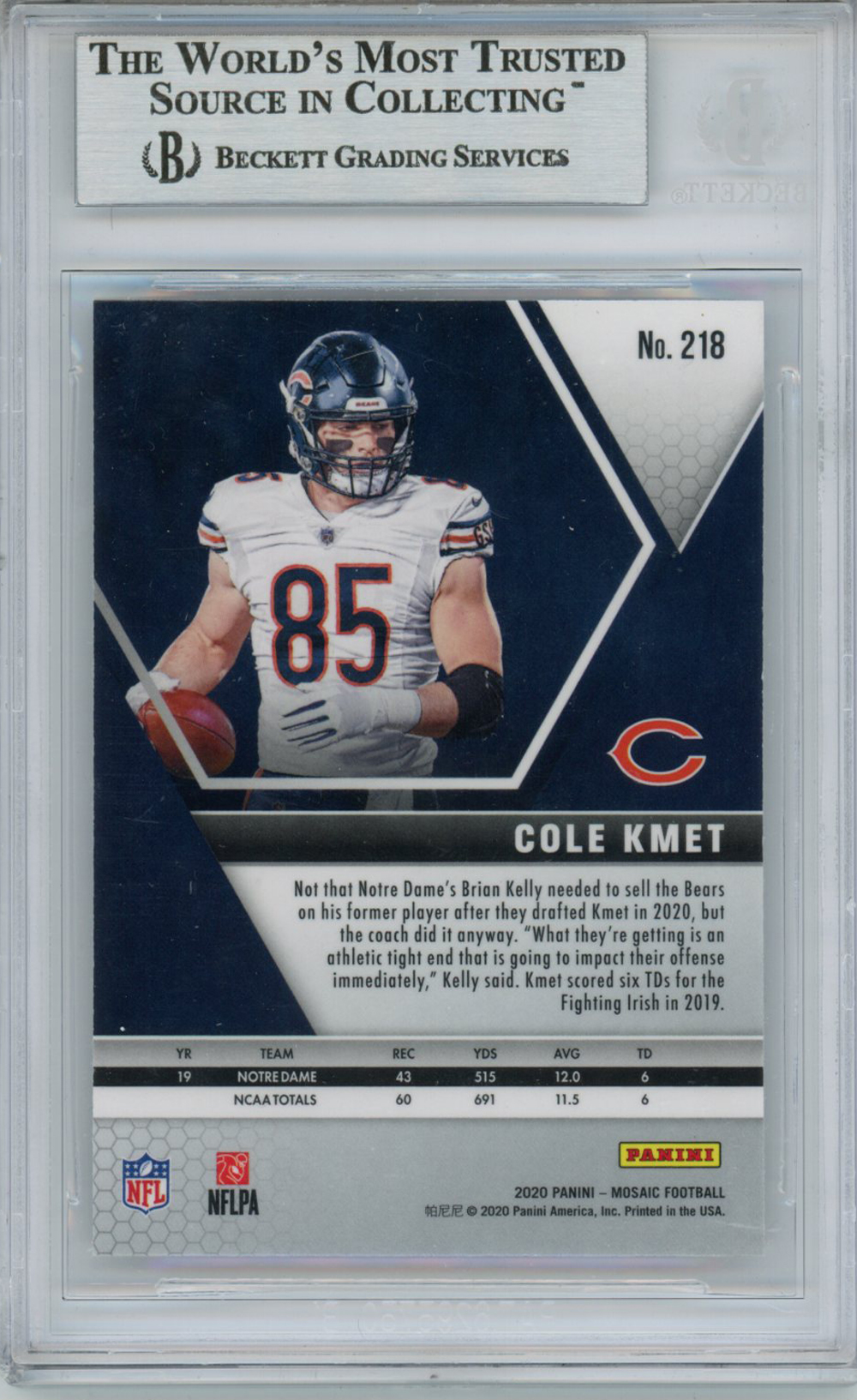 Cole Kmet Autographed 2020 Panini Mosaic #218 Rookie Card BAS Slab