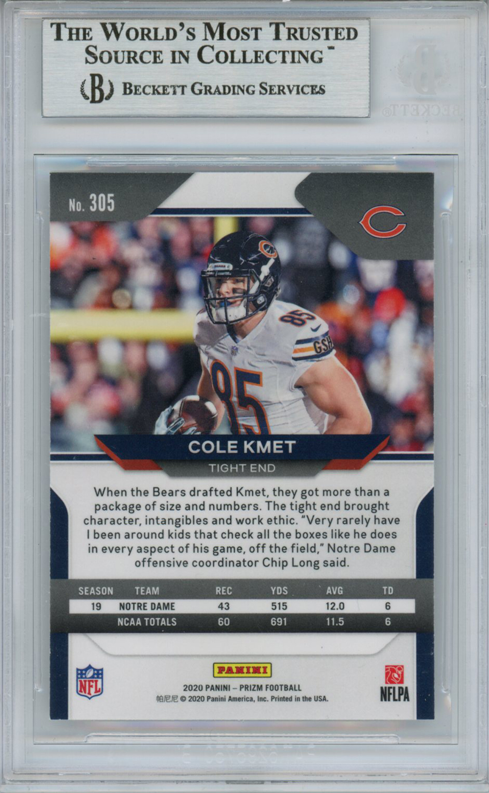 Cole Kmet Autographed 2020 Panini Prizm #305 Rookie Card BAS Slab