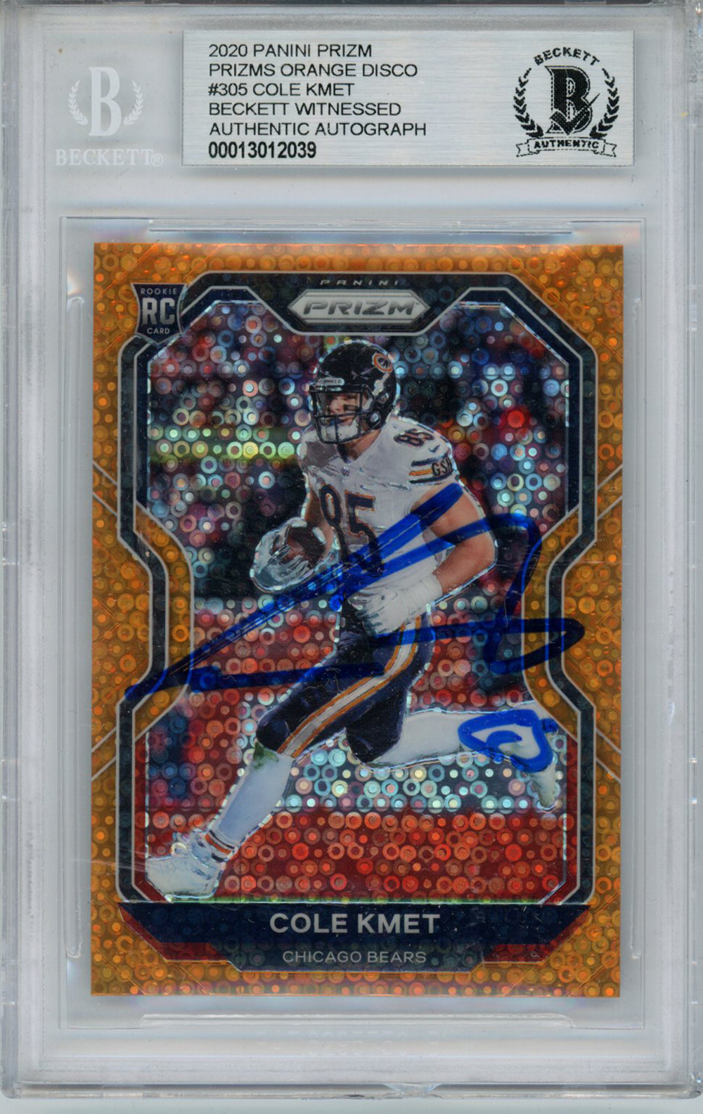 Cole Kmet Autographed 2020 Prizm Orange Disco #305 Rookie Card BAS Slab