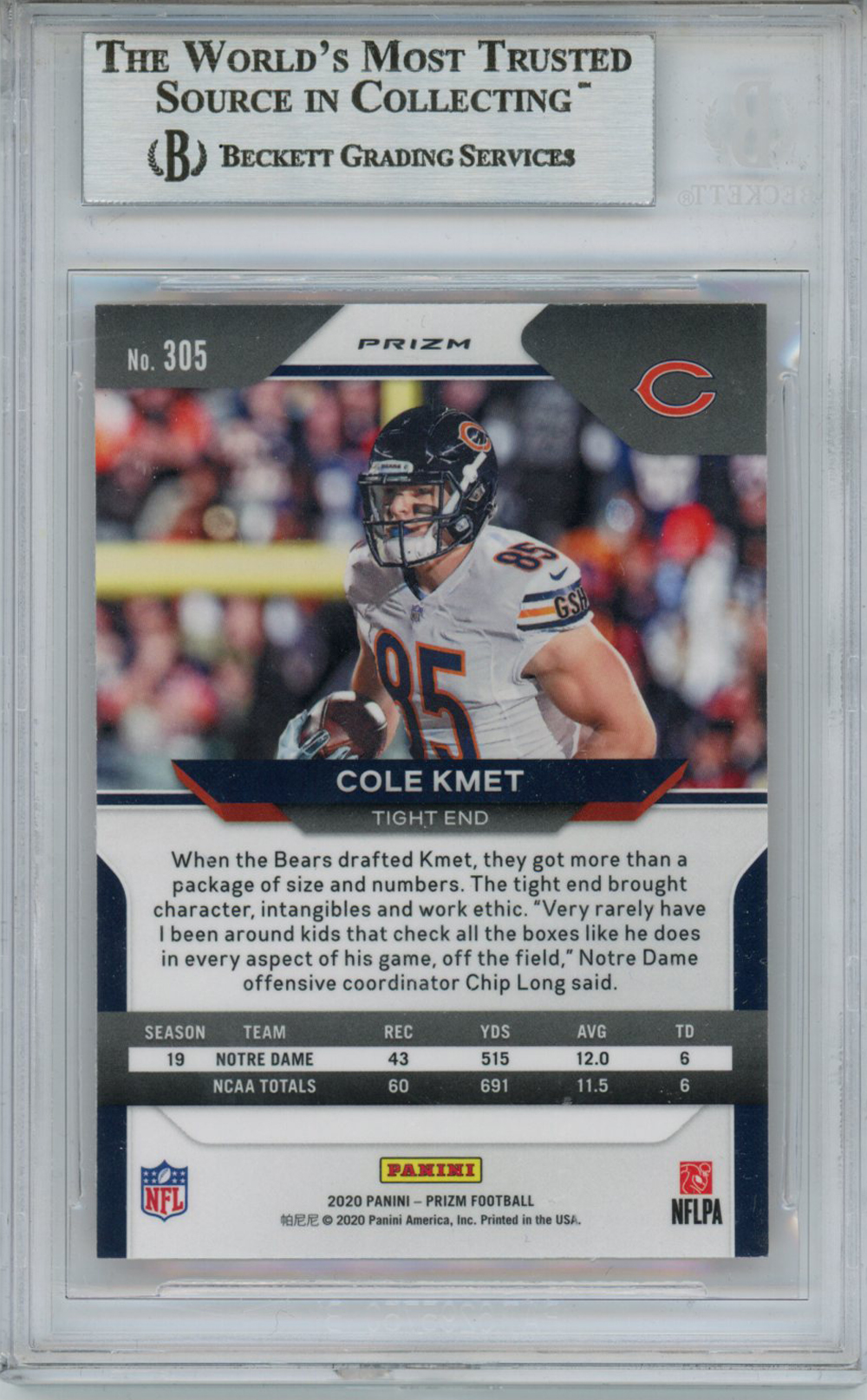 Cole Kmet Autographed 2020 Prizm Orange Disco #305 Rookie Card BAS Slab