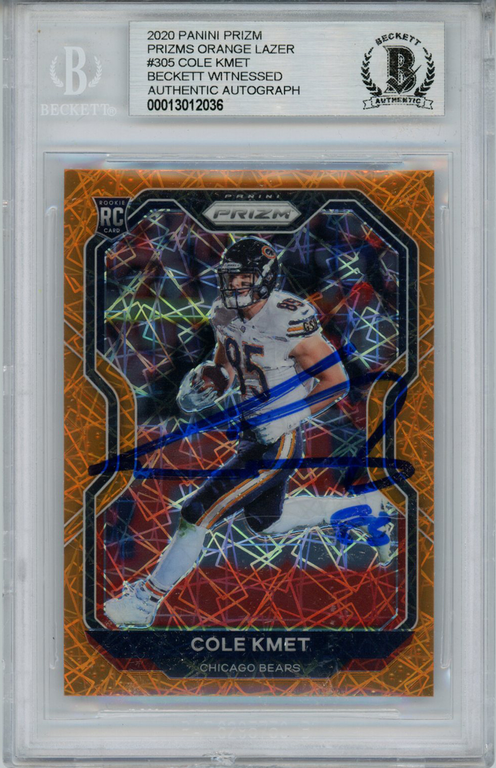 Cole Kmet Autographed 2020 Prizm Orange Lazer #305 Rookie Card BAS Slab